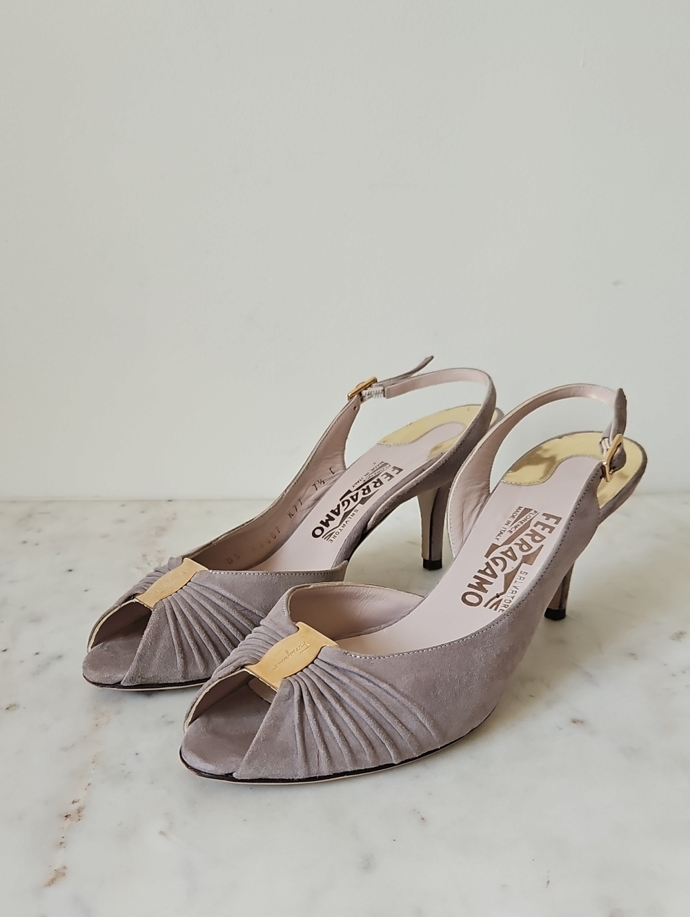 SALVATORE FERRAGAMO: Taupe Suede Peep-Toe Slingback Heels with Gold Accent